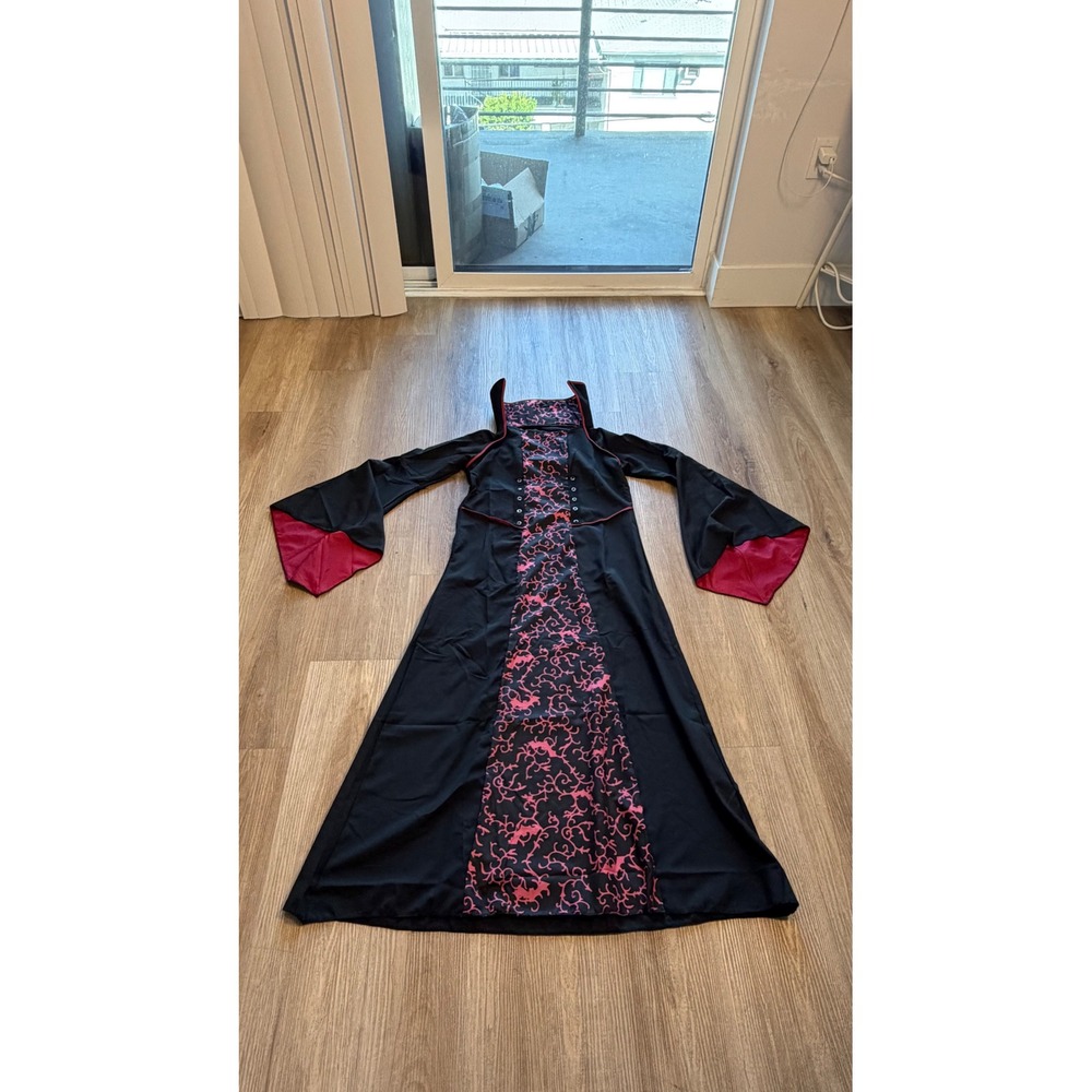 Gothic renaissance Costume Maxi Dress Black Red Bat Print Bell Sleeve Gown